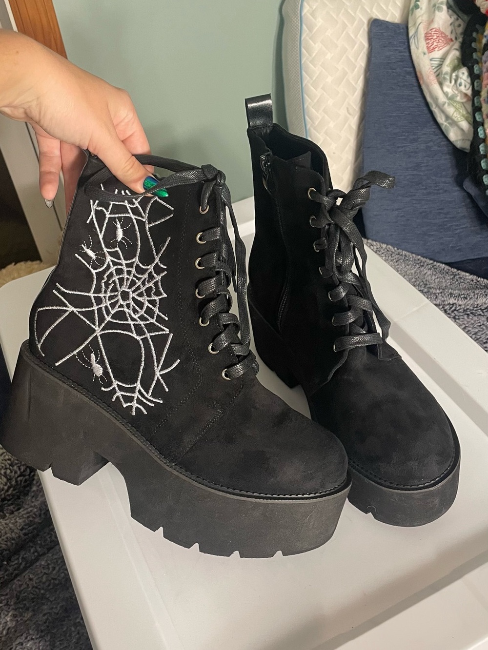 Black Spiderweb Embroidered Platform Lace-Up Boots - Women's